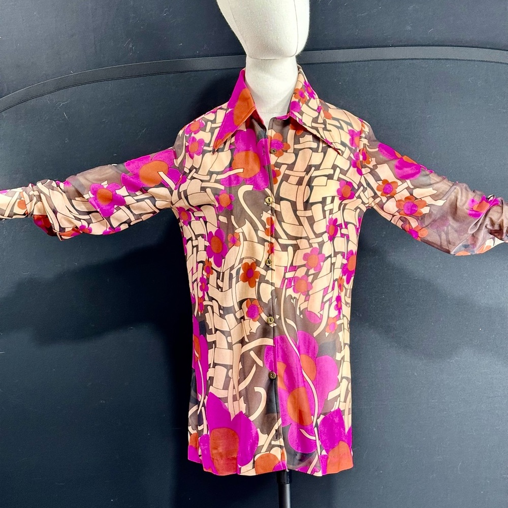 Vintage 1970s sheer nylon groovy flower power button up shirt blouse